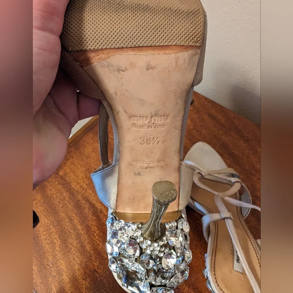 MIU MIU slingback satin crystal stiletto sandal heels - Picture 7 of 12